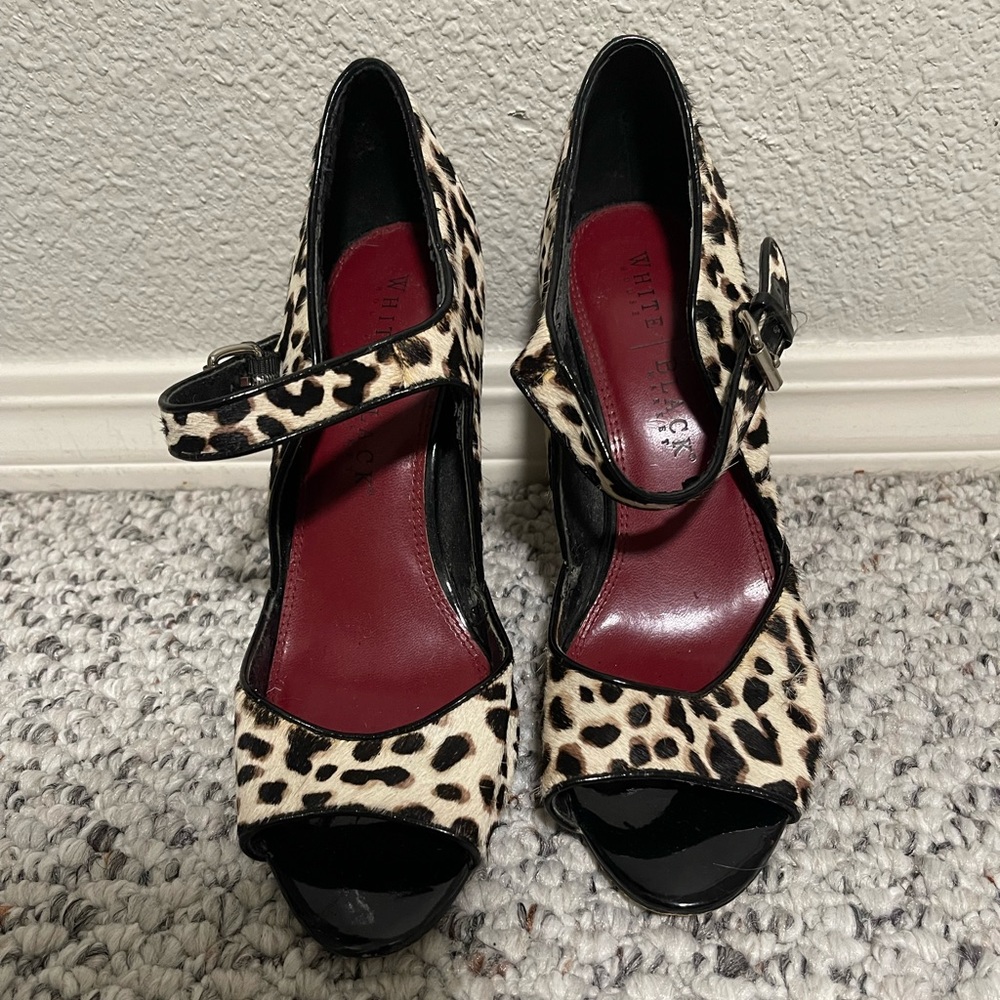 White House Black Market | Leopard Print Cow Hair Peep Toe Pumps